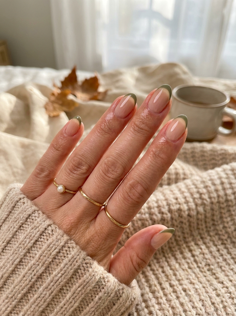 Olive Green French Nails als elegante French-Maniküre für den Herbst 2026